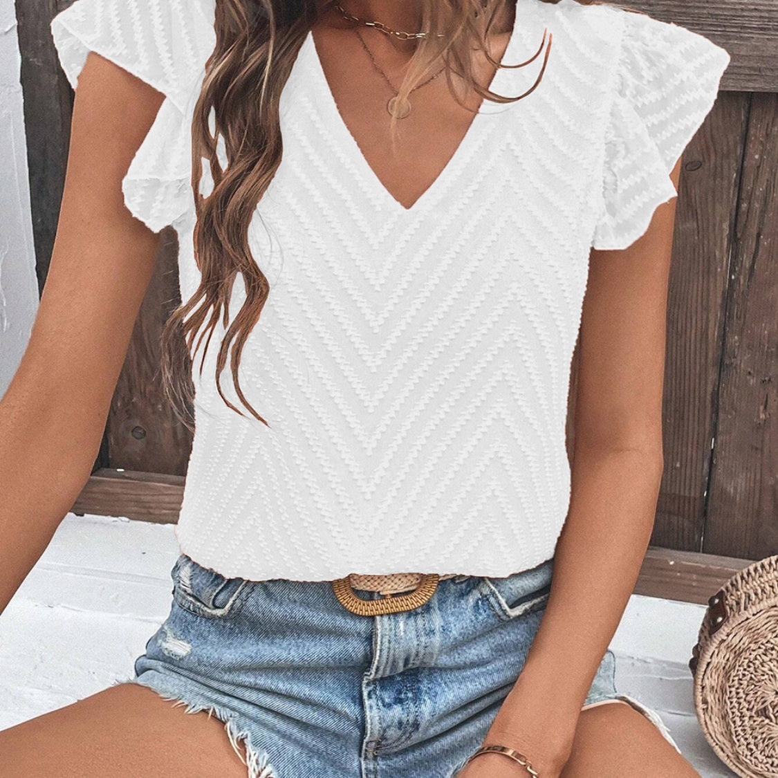 Textured V-Neck Cap Sleeve Blouse - Stormyjay