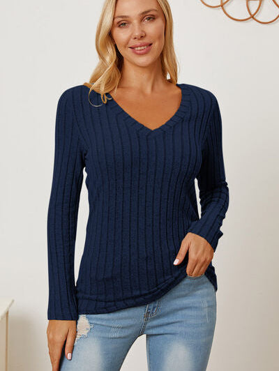Basic Bae Full Size Ribbed V-Neck Long Sleeve T-Shirt - Stormyjay
