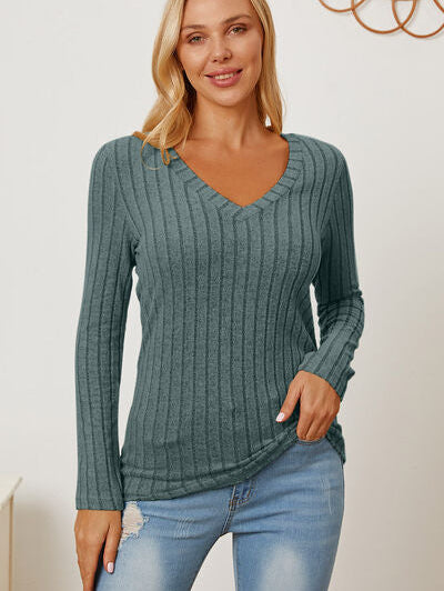 Basic Bae Full Size Ribbed V-Neck Long Sleeve T-Shirt - Stormyjay