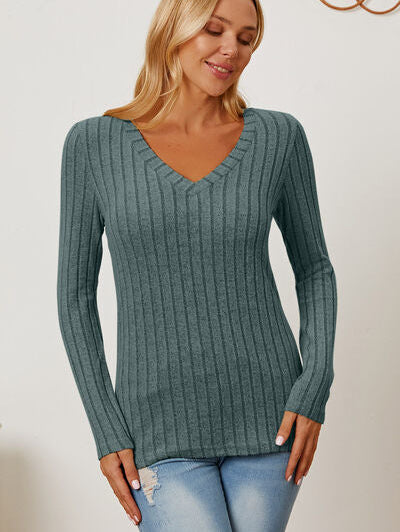 Basic Bae Full Size Ribbed V-Neck Long Sleeve T-Shirt - Stormyjay