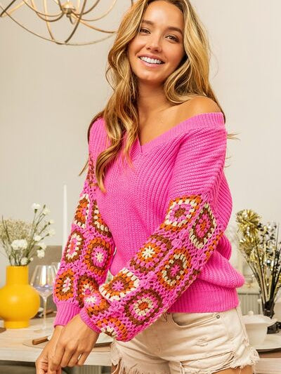 BiBi V-Neck Crochet Long Sleeve Sweater - Stormyjay