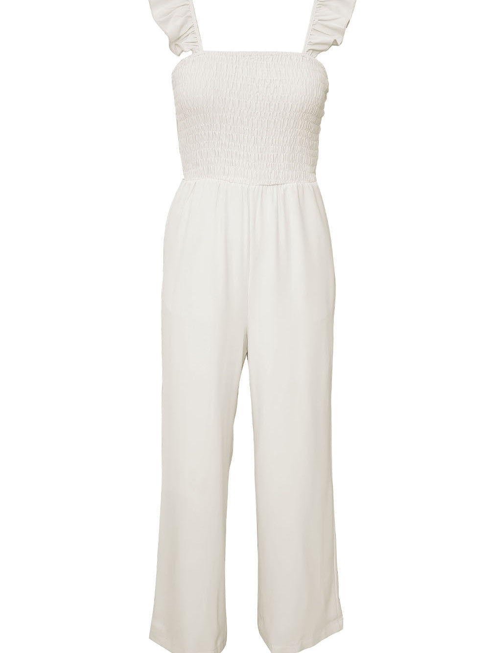 Apricot Smocked Ruffle Strap Pocket Wide Leg Jumpsuit - Stormyjay