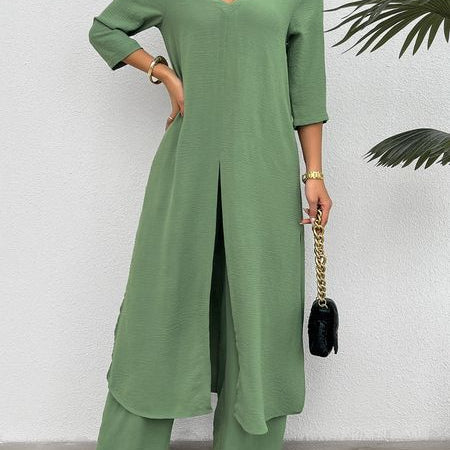 Women's Solid 2-PC Set Long Split Top Wide Leg Pant Suit H8ZF4E3S2Z - Stormyjay