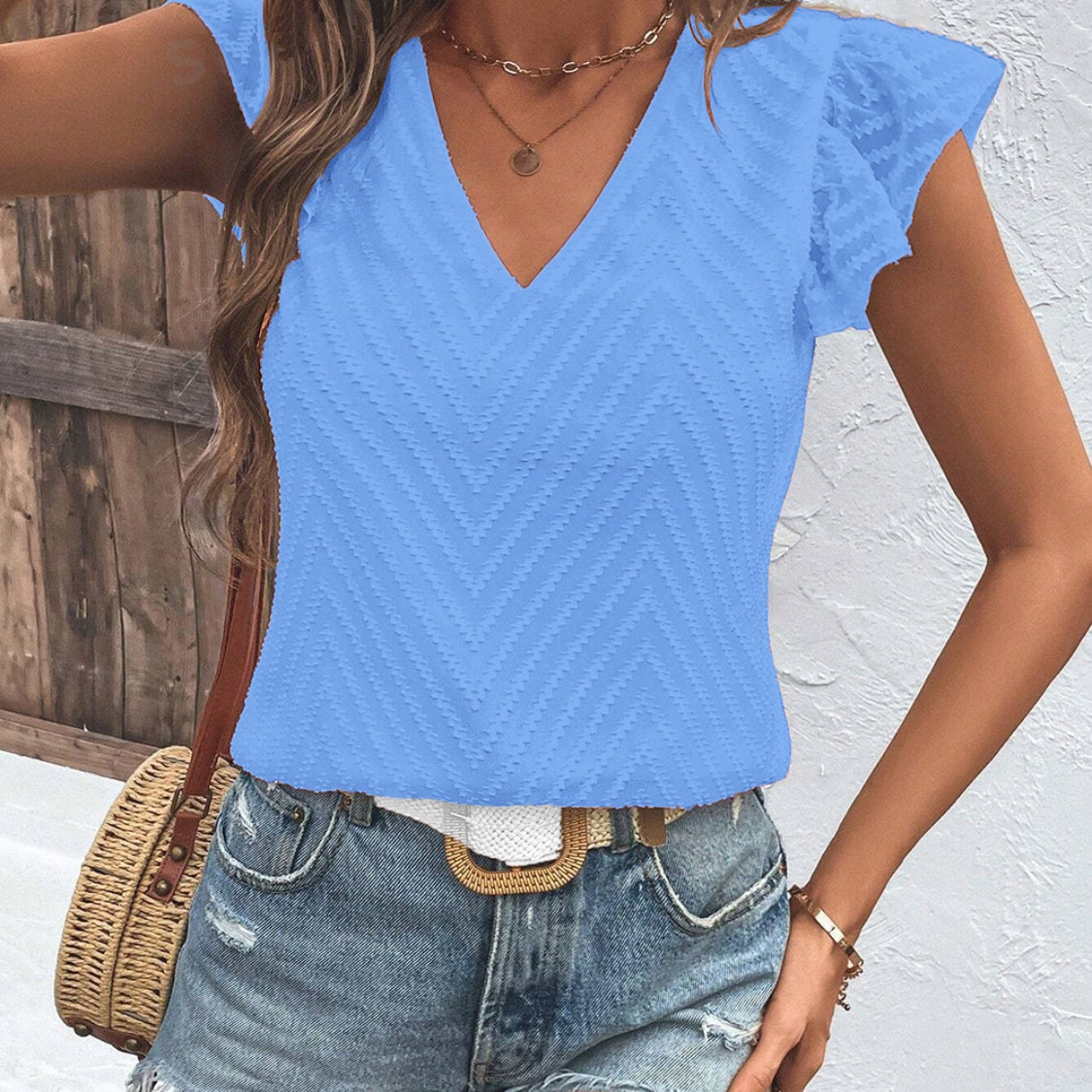 Textured V-Neck Cap Sleeve Blouse - Stormyjay