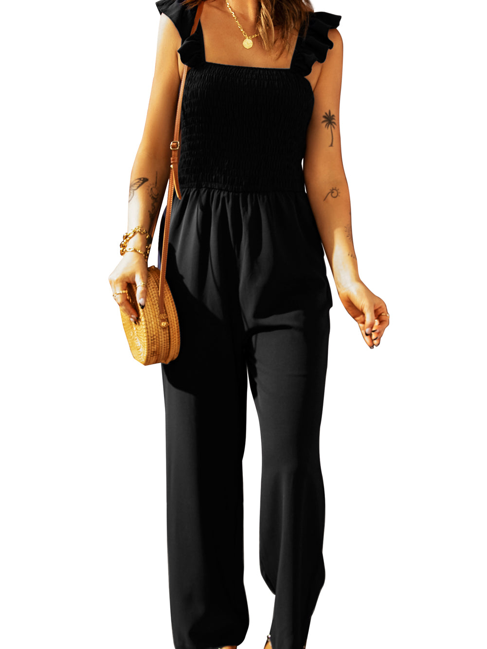 Apricot Smocked Ruffle Strap Pocket Wide Leg Jumpsuit - Stormyjay