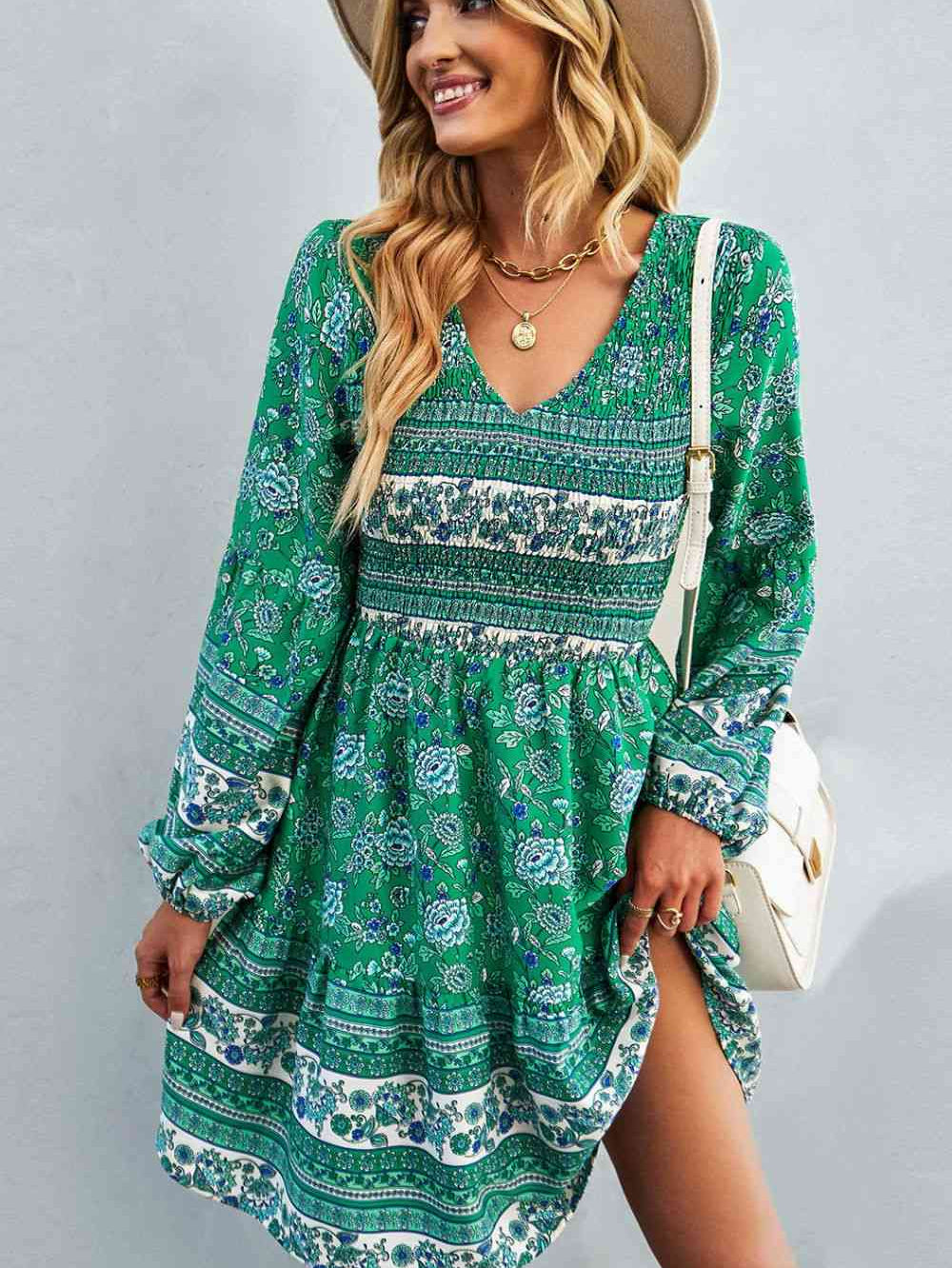 Bohemian V-Neck Balloon Sleeve Dress - Stormyjay