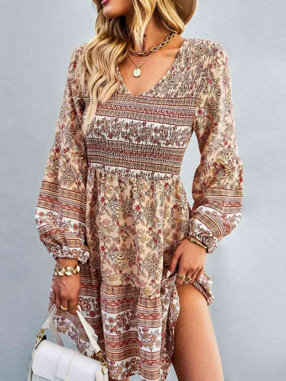 Bohemian V-Neck Balloon Sleeve Dress - Stormyjay