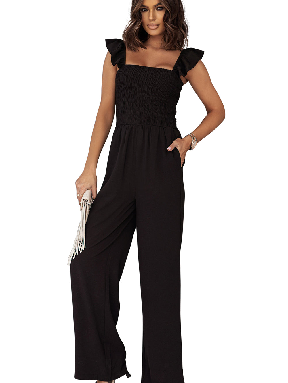Apricot Smocked Ruffle Strap Pocket Wide Leg Jumpsuit - Stormyjay