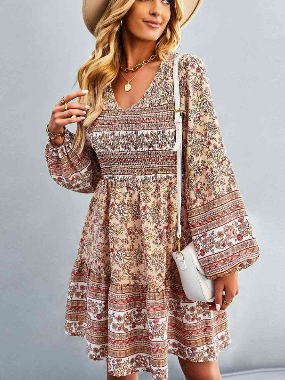 Bohemian V-Neck Balloon Sleeve Dress - Stormyjay