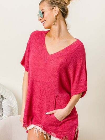 BiBi Distressed Hem V-Neck Slit Sweater - Stormyjay