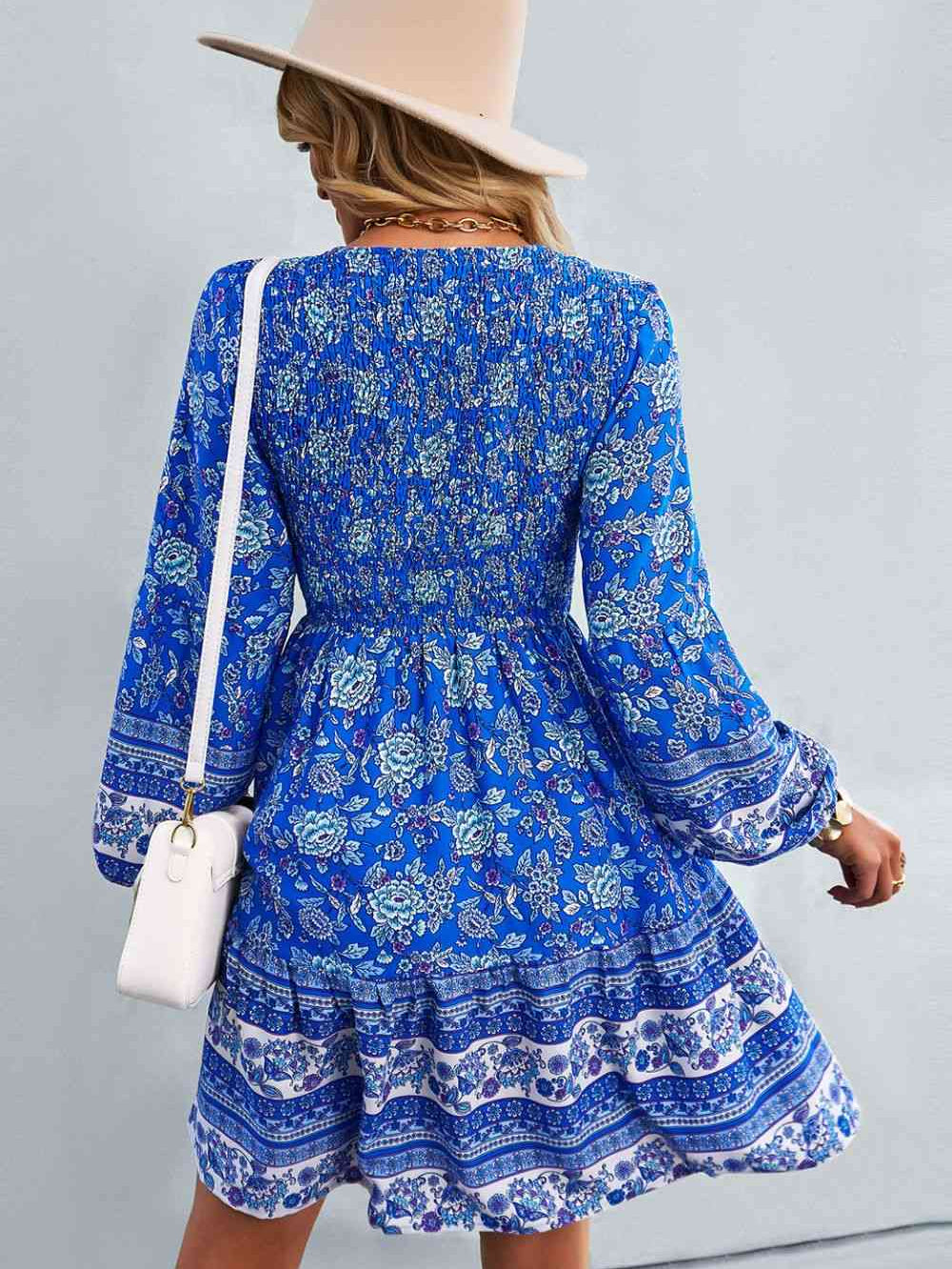 Bohemian V-Neck Balloon Sleeve Dress - Stormyjay