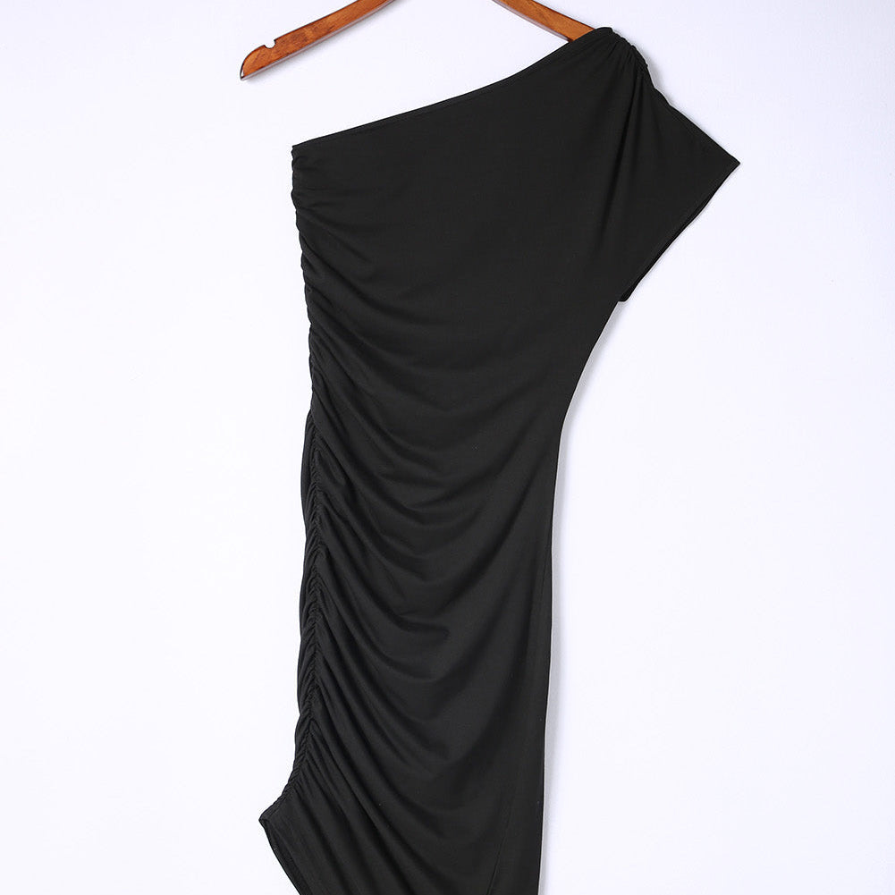 Black One-shoulder Short Sleeve Ruched Bodycon Dress - Stormyjay