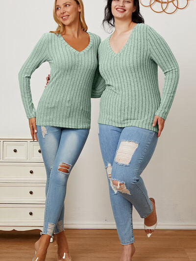 Basic Bae Full Size Ribbed V-Neck Long Sleeve T-Shirt - Stormyjay