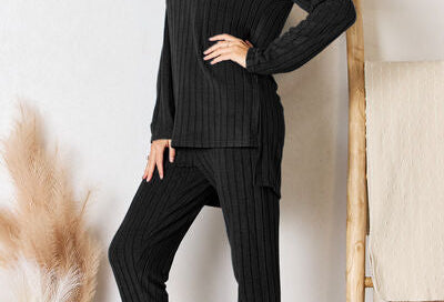 Basic Bae Full Size Ribbed Round Neck High-Low Slit Top and Pants Set