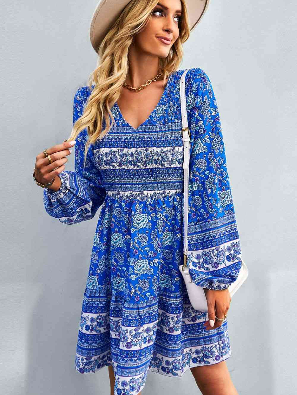 Bohemian V-Neck Balloon Sleeve Dress - Stormyjay