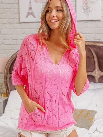 BiBi Openwork Heart Hooded Knit Top - Stormyjay