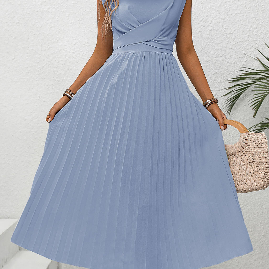 Pleated Round Neck Cap Sleeve Dress - Stormyjay