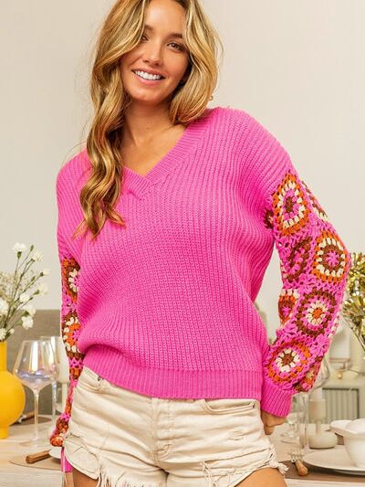 BiBi V-Neck Crochet Long Sleeve Sweater - Stormyjay