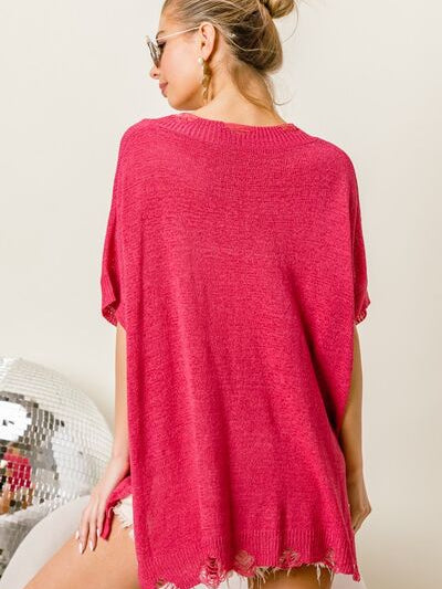 BiBi Distressed Hem V-Neck Slit Sweater - Stormyjay