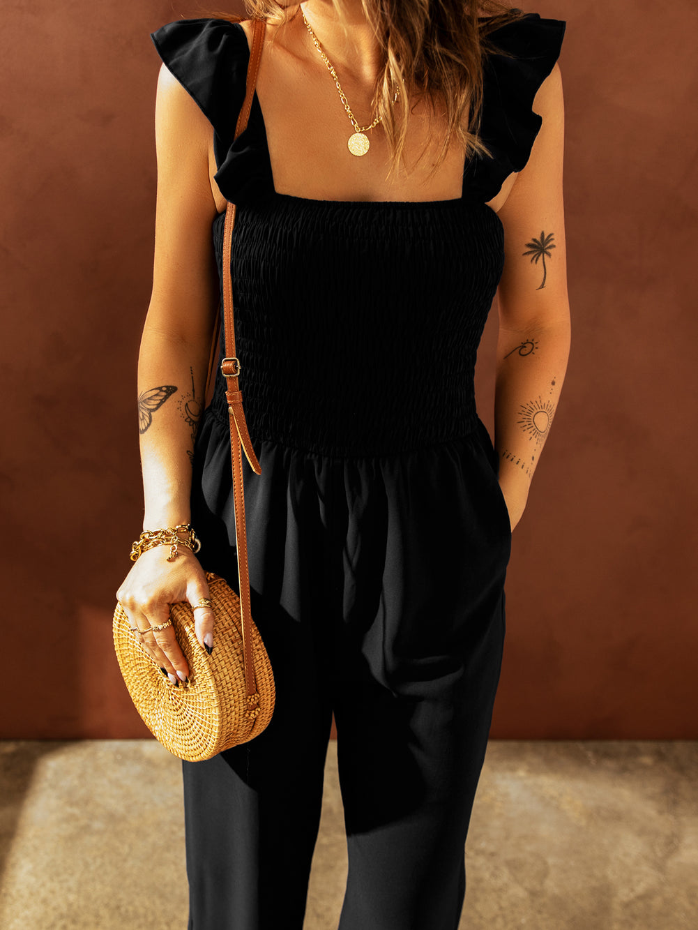 Apricot Smocked Ruffle Strap Pocket Wide Leg Jumpsuit - Stormyjay