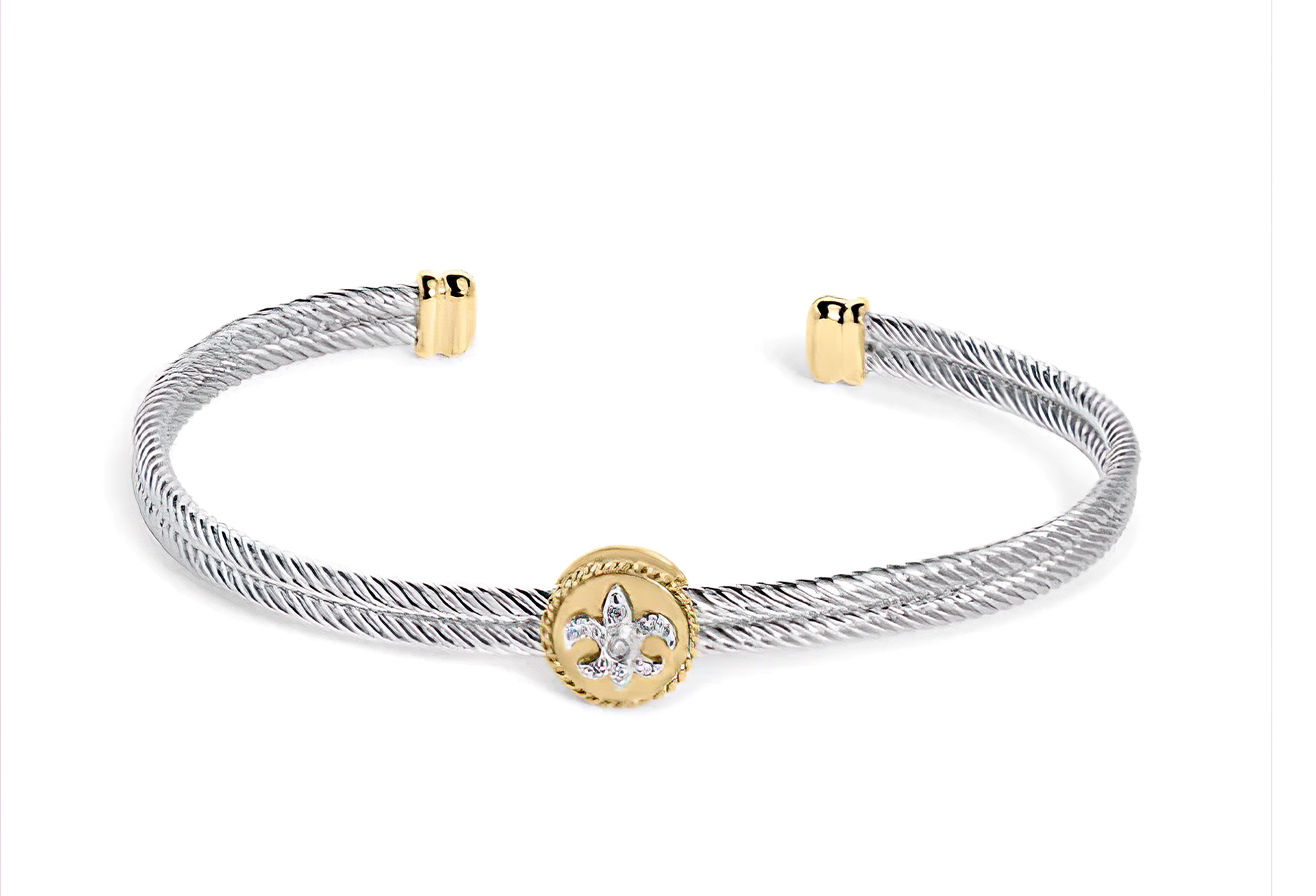 18K Yellow Gold Plated .925 Sterling Silver Diamond Accent and Fleur Di Lis Medallion Bangle Bracelet (I-J Color, SI1-SI2 Clarity) - 7.25 Inches - Stormyjay