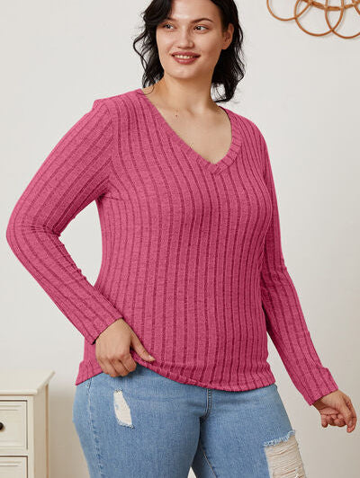 Basic Bae Full Size Ribbed V-Neck Long Sleeve T-Shirt - Stormyjay