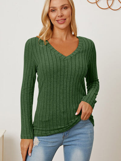 Basic Bae Full Size Ribbed V-Neck Long Sleeve T-Shirt - Stormyjay