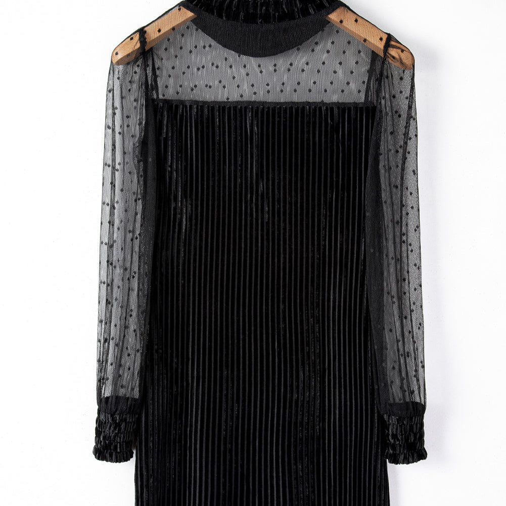 Black Dotted Mesh Striped Frilled Neck Bubble Sleeve Dress - Stormyjay