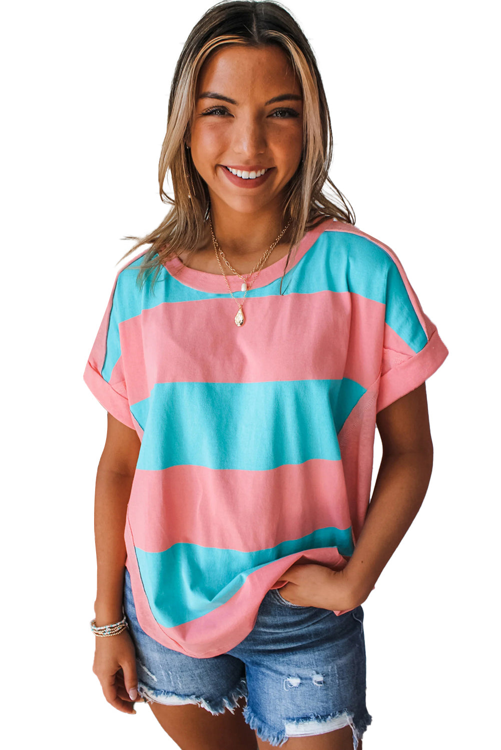 Rose & Blue Colorblock Exposed Seam Tee - Stormyjay