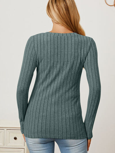 Basic Bae Full Size Ribbed V-Neck Long Sleeve T-Shirt - Stormyjay