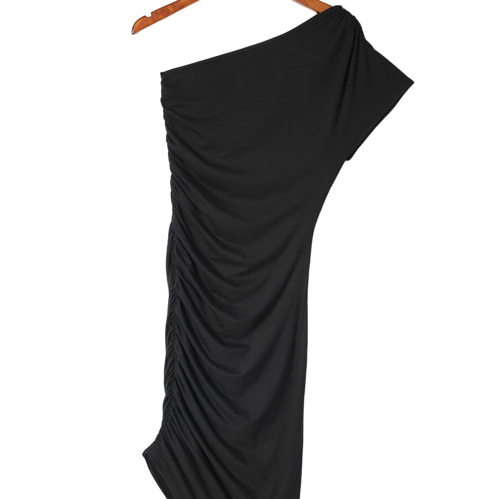 Black One-shoulder Short Sleeve Ruched Bodycon Dress - Stormyjay