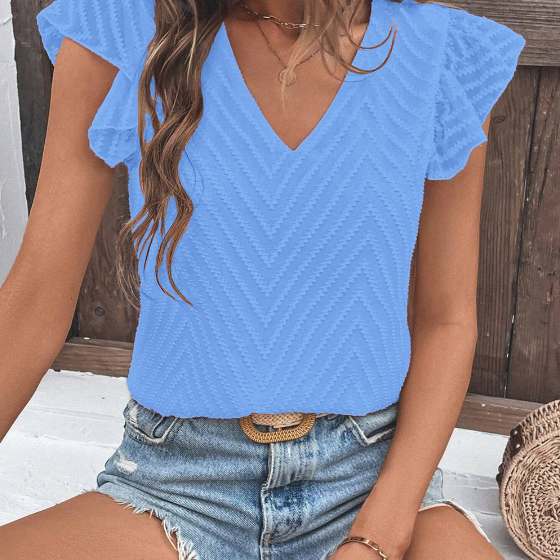 Textured V-Neck Cap Sleeve Blouse - Stormyjay