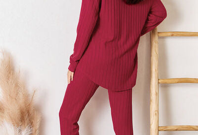 Basic Bae Full Size Ribbed Round Neck High-Low Slit Top and Pants Set