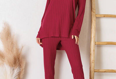 Basic Bae Full Size Ribbed Round Neck High-Low Slit Top and Pants Set