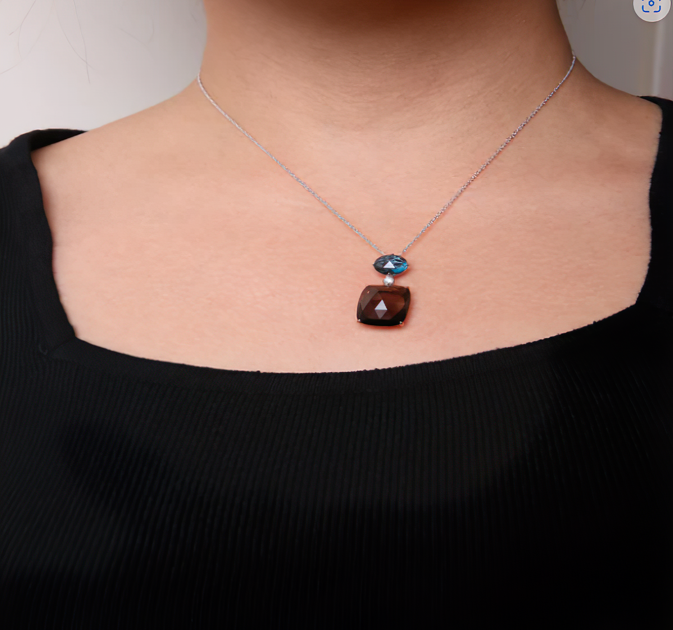 18K Rose and White Gold Diamond Accent and London Blue Topaz and Cushion Cut Smoky Quartz Gemstone Dangle Drop 18" Pendant Necklace (G-H Color, SI1-SI2 Clarity) - Stormyjay