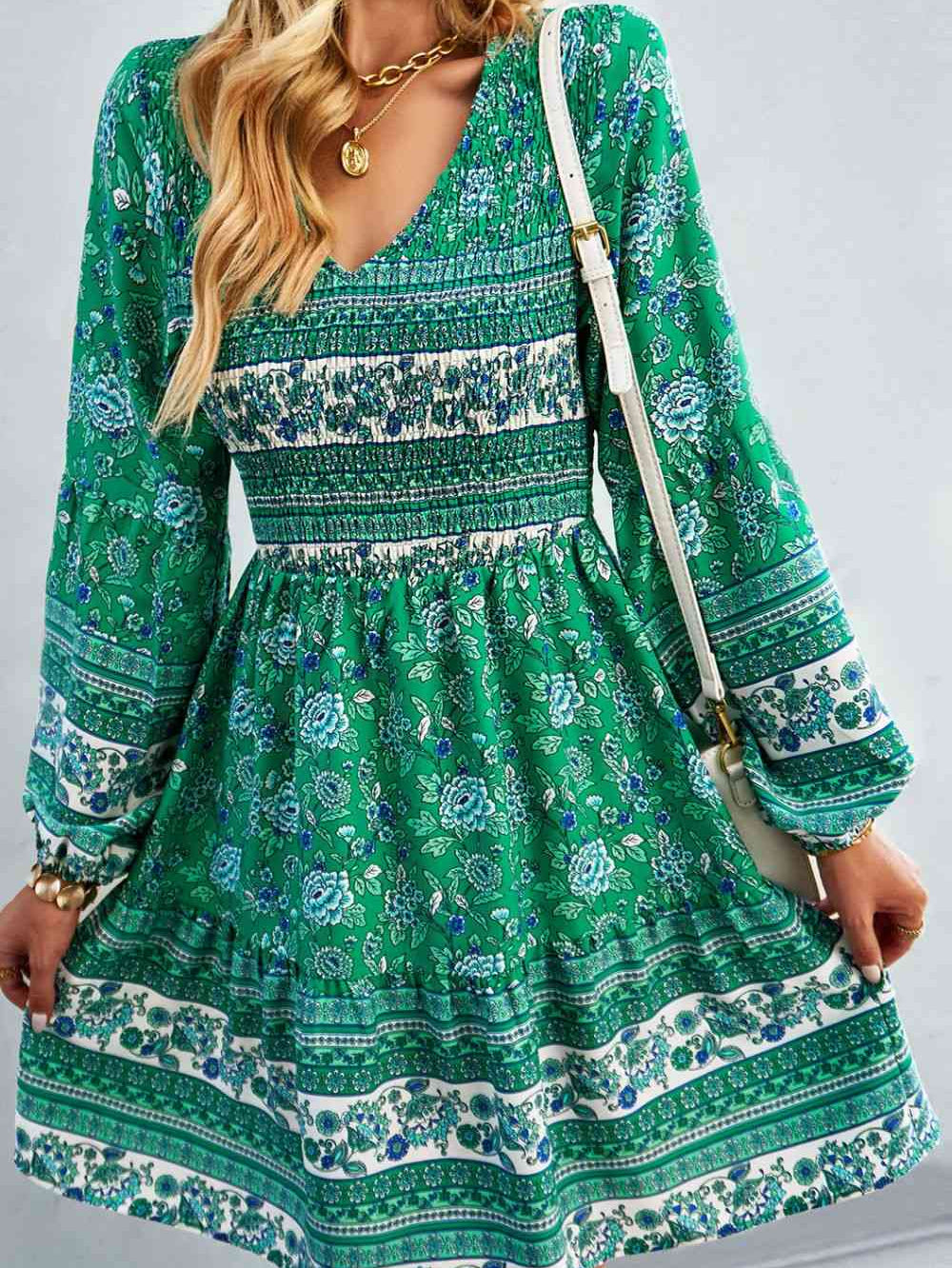 Bohemian V-Neck Balloon Sleeve Dress - Stormyjay