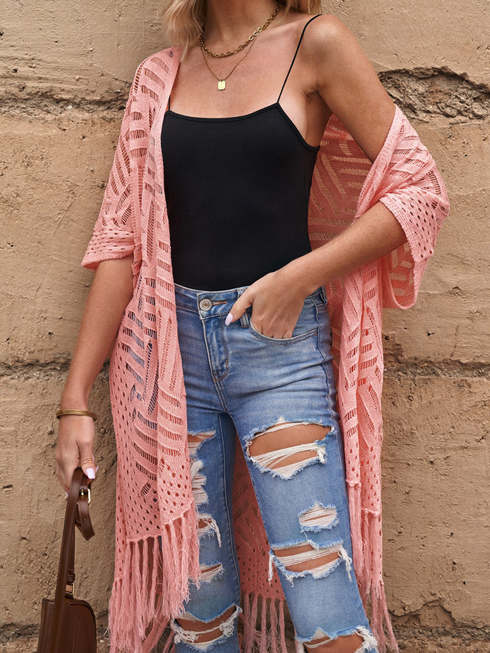 Openwork Open Front Cardigan with Fringes - Stormyjay