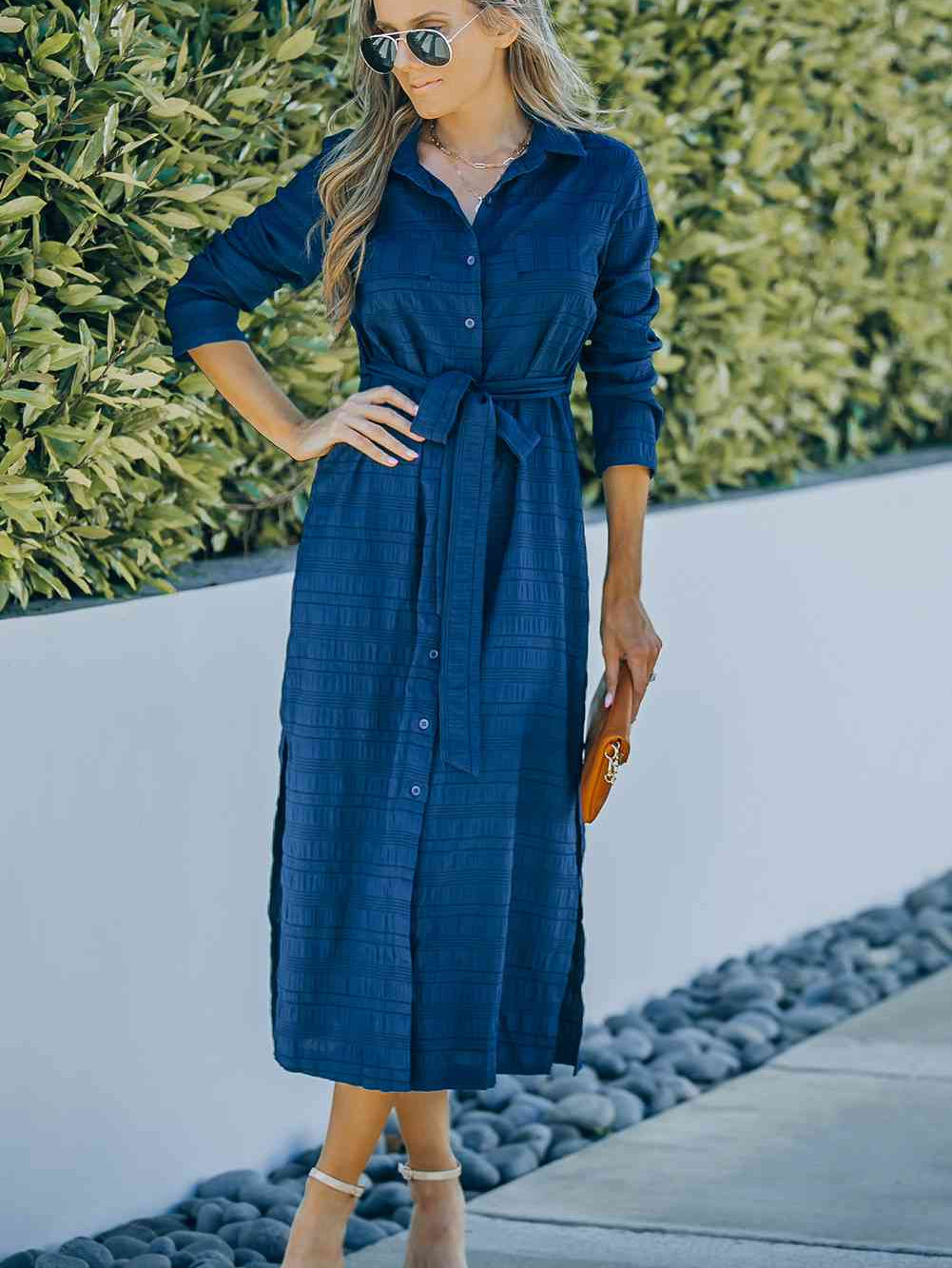 Button Front Textured Slit Shirt Dress with Belt - Stormyjay