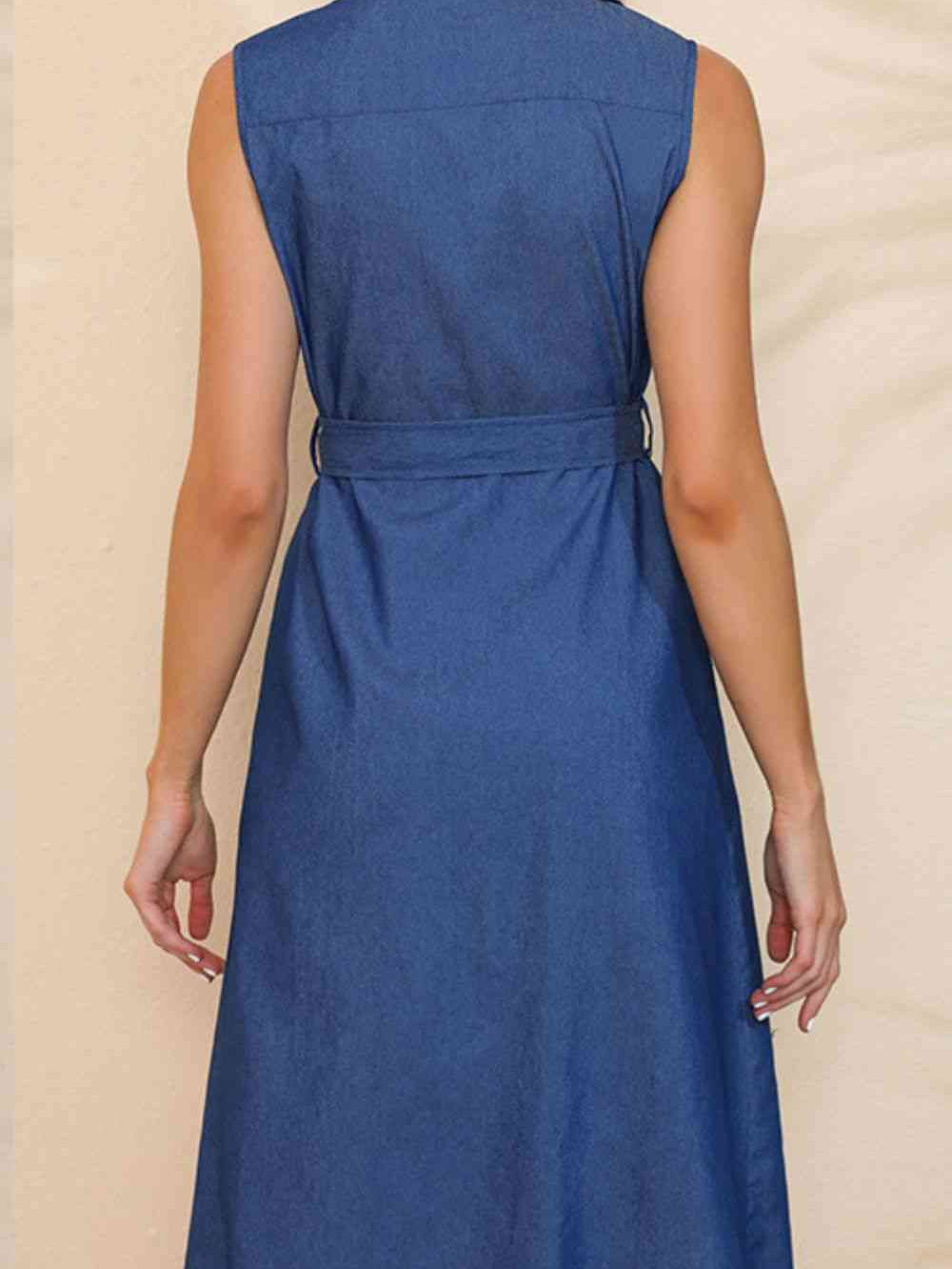 Button Front Belted Sleeveless Collared Shirt Dress - Stormyjay