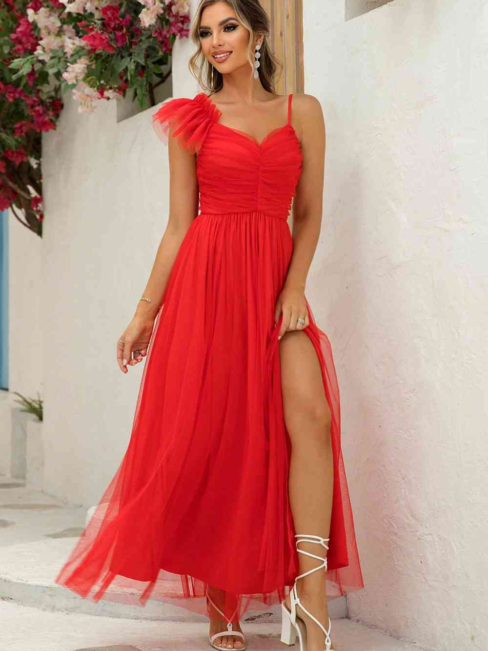 Asymmetrical Ruched Slit Dress