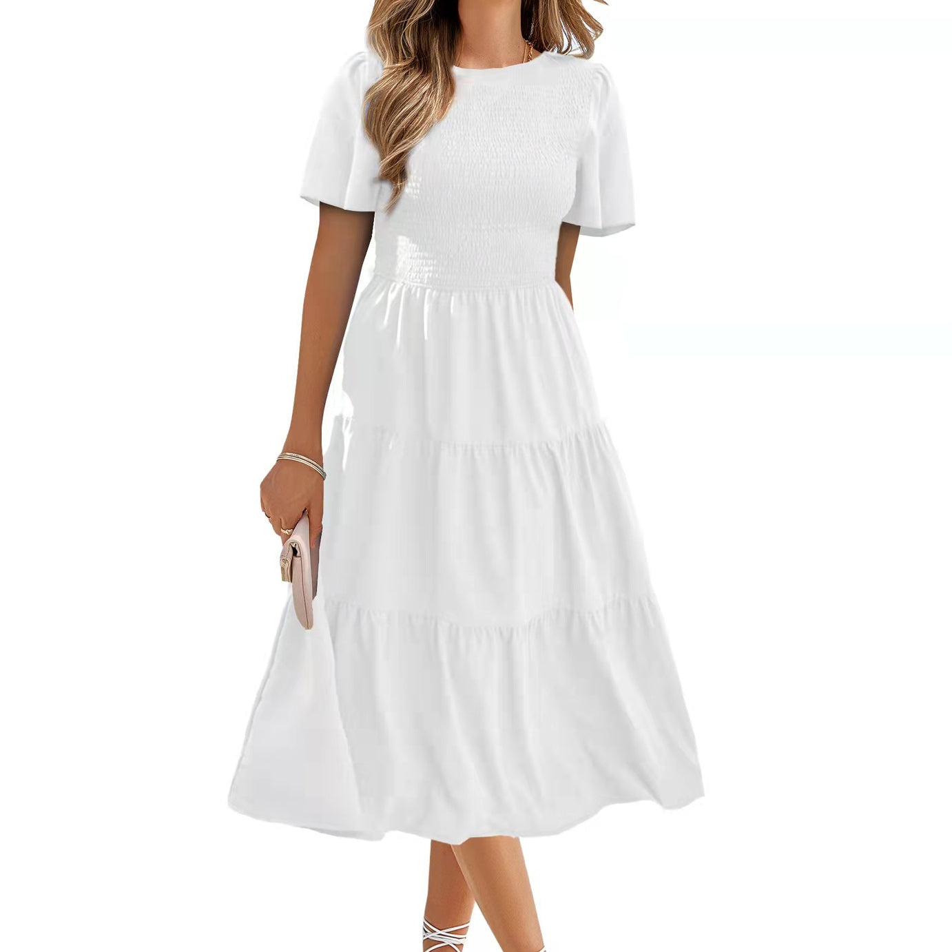 Women's Round Neck Smocked Short Sleeve Casual Dress Swing Flowy Ruffle Hem Mini Beach Summer Dresses - Stormyjay