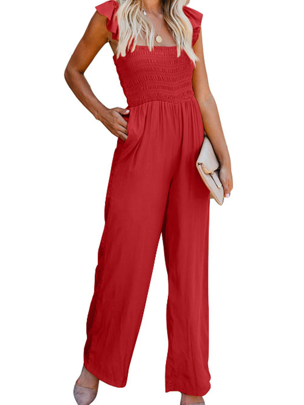 Apricot Smocked Ruffle Strap Pocket Wide Leg Jumpsuit - Stormyjay
