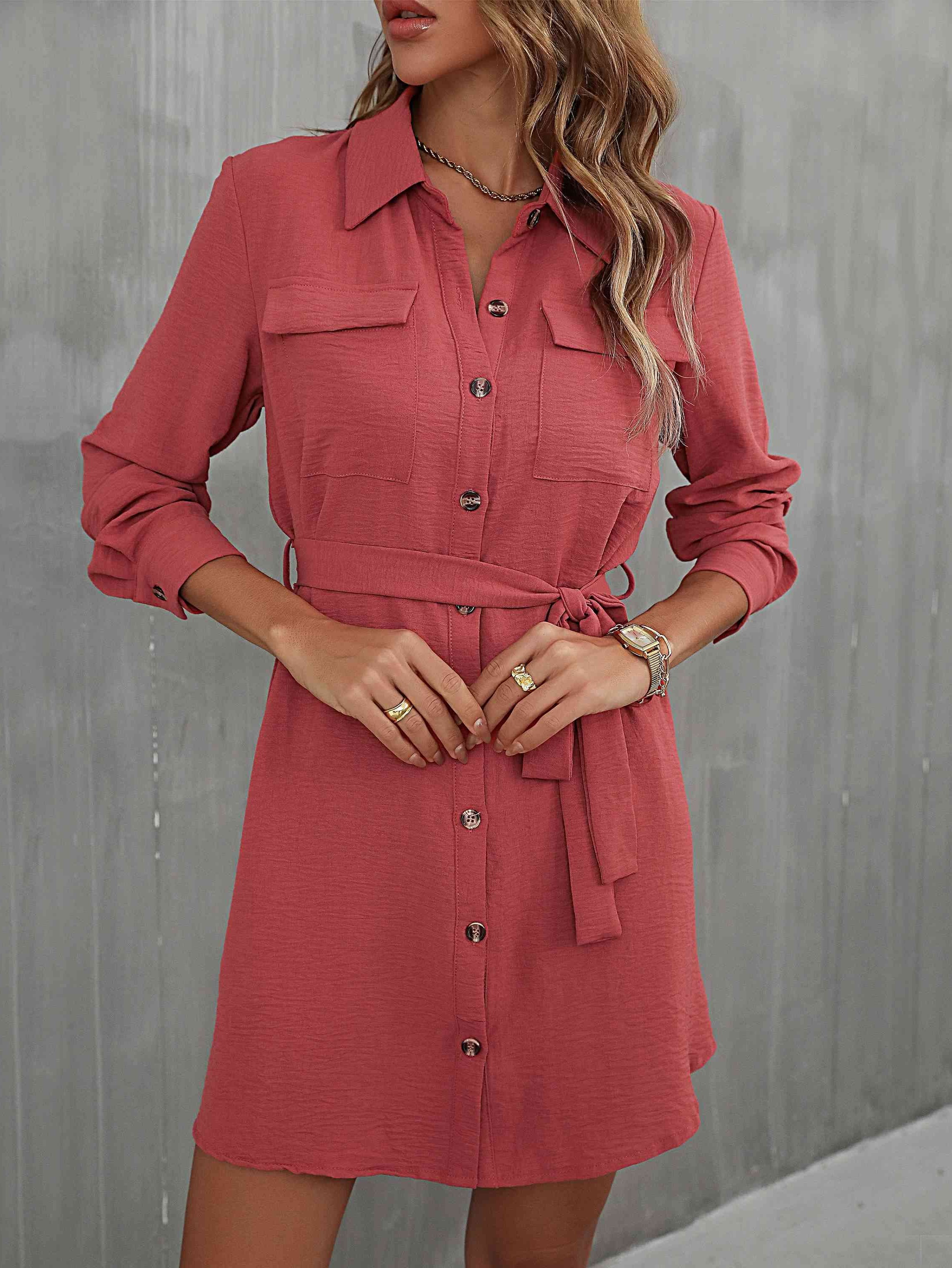 Button Down Belted Long Sleeve Shirt Dress - Stormyjay