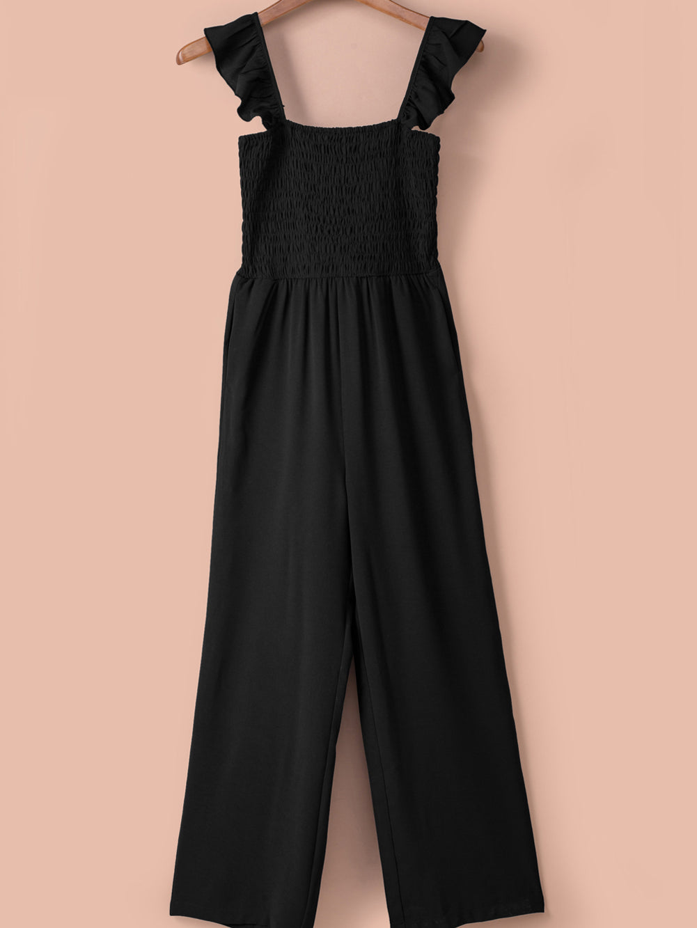 Apricot Smocked Ruffle Strap Pocket Wide Leg Jumpsuit - Stormyjay