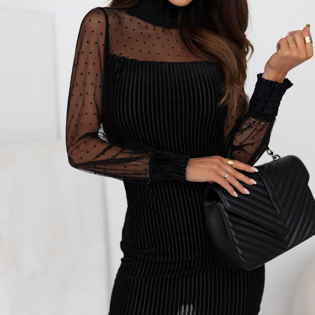 Black Dotted Mesh Striped Frilled Neck Bubble Sleeve Dress - Stormyjay