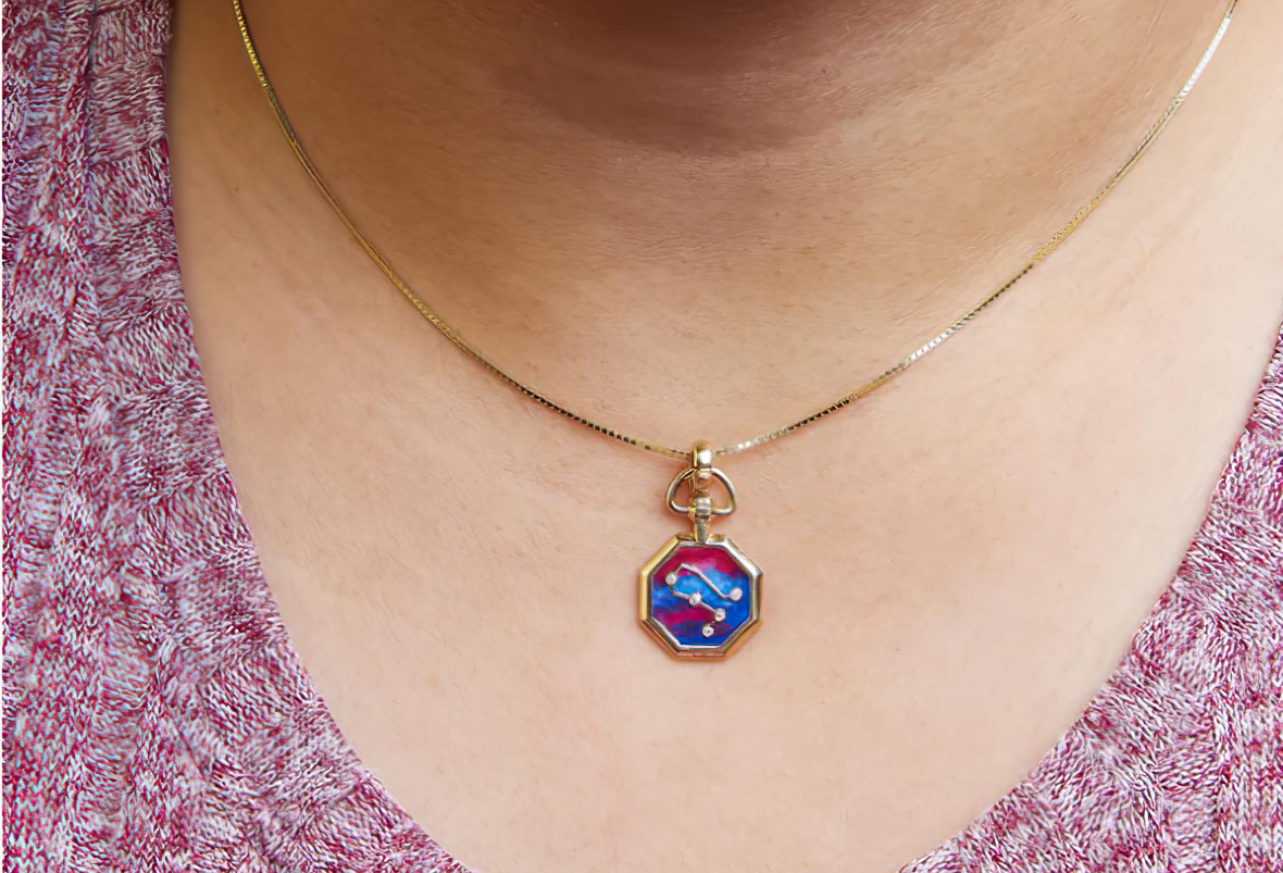 18K Yellow Gold Diamond Gemini Constellation with Red and Blue Enamel 18" Inch Pendant Necklace (H-I Color, SI2-I1 Clarity) - Stormyjay