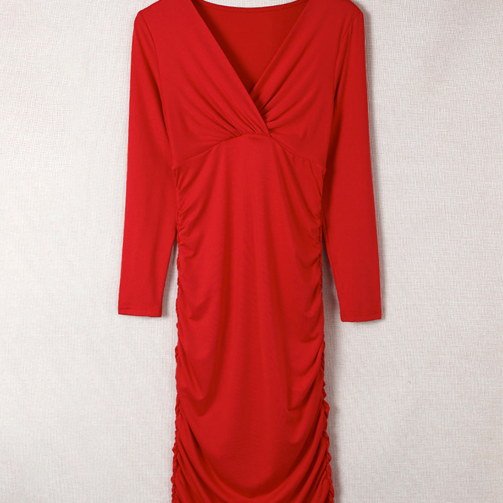 Fiery Red Long Sleeves Wrap V Neck Ruched Sheath Bodycon Dress - Stormyjay