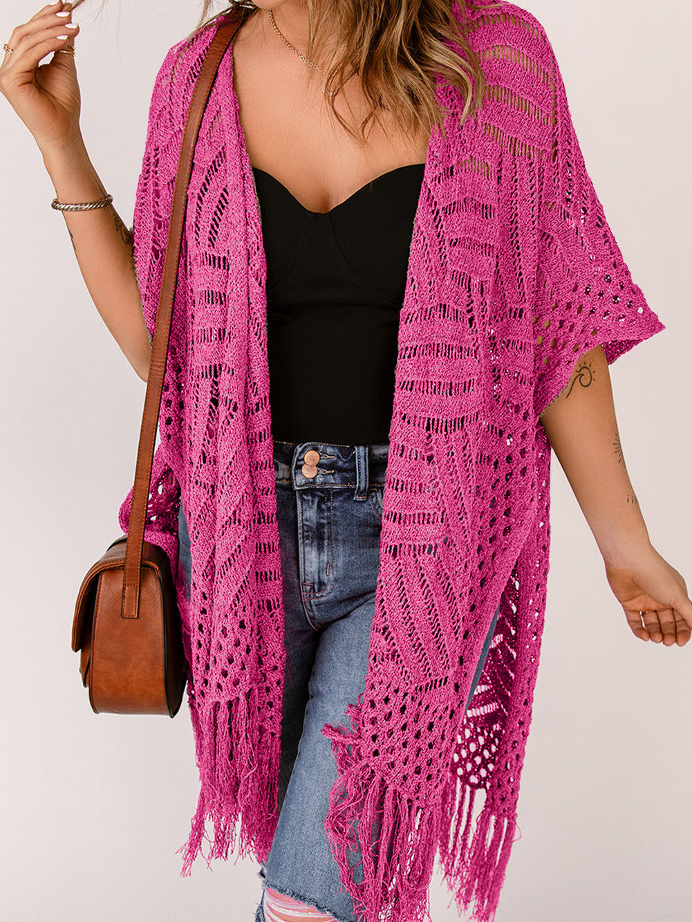 Openwork Open Front Cardigan with Fringes - Stormyjay
