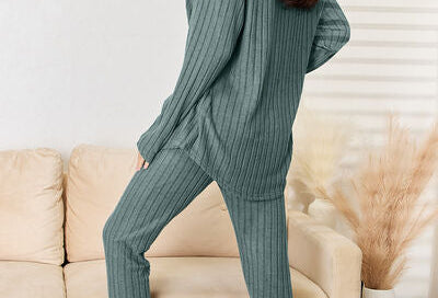 Basic Bae Full Size Notched Long Sleeve Top and Pants Set