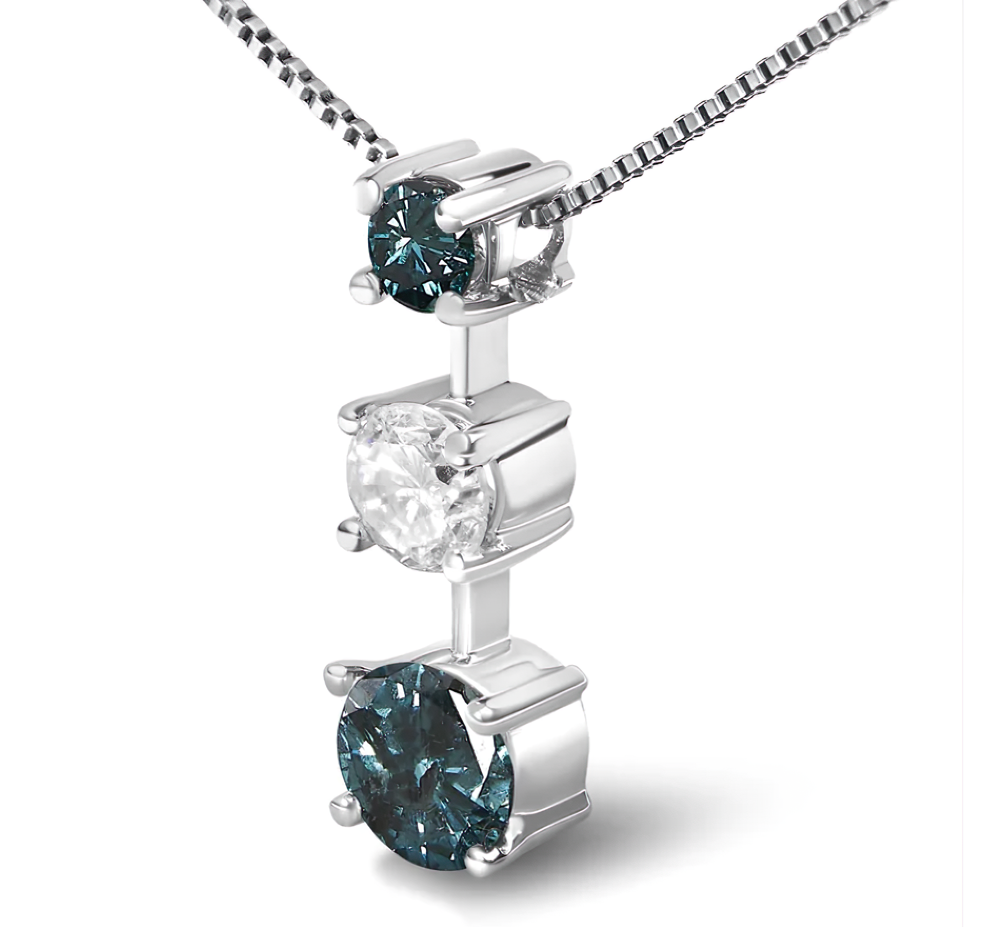 14K White Gold 1 1/2 Cttw Treated Blue and White Diamond 3-Stone 18" Pendant Necklace (Blue/H-I Color, I1-I2 Clarity) - Stormyjay